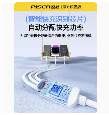 品胜充电线三合一数据线快充一拖三适用苹果IPhone华为小米安卓手机车载充电器套装usb多功能typec三头通用线